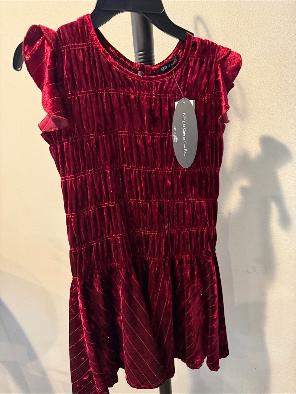 Girls Velvet Smocked Dress with Ruffle Sleeves - Deep Red